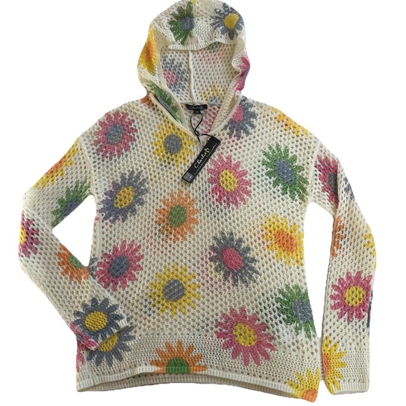 Charlie B Open Fishnet Crochet Multi-Color Daisy Hoodie Sweater-Small-Coquette - Picture 4 of 11